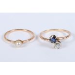 A yellow metal, diamond and sapphire two stone dress ring, size O, and a gold and pearl single stone