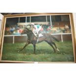 J Joyce: oil on canvas, racehorse and jockey, 24" x 36", in gilt strip frame