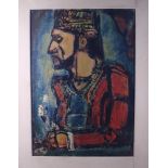 After Georges Rouault: a colour print of a royal gentleman and four hunting prints, loose