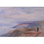 Alison Ware: watercolours, coastal scene with figure, 7 1/2" x 18", in strip frame, a watercolour