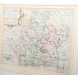 An 18th century hand-coloured map of Hertfordshire, in wash lined mount and ebonised frame