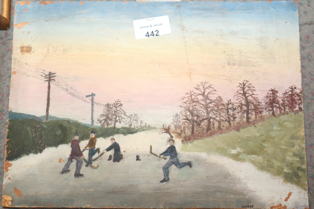 Hurst: oil on board, "Ice Hockey", and other oil paintings, various, a painted tile, an oil on