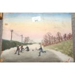 Hurst: oil on board, "Ice Hockey", and other oil paintings, various, a painted tile, an oil on