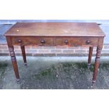 A 19th century mahogany side table, fitted two drawers, on turned supports, 43" wide