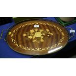 A floral marquetry gallery tray, 18" dia, and a toilet mirror