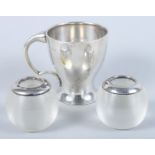 A silver christening mug, 3.4oz troy approx, and a pair of silver mounted glass match strikers