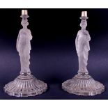 A pair of frosted glass lamp bases, formed as classical beauties, 11" high