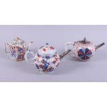 Two 19th century Imari teapots with white metal spouts and a 19th century Canton famille verte