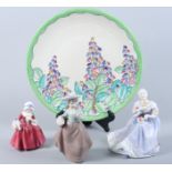 A floral decorated charger (damages), two Royal Doulton figures, and one other figure