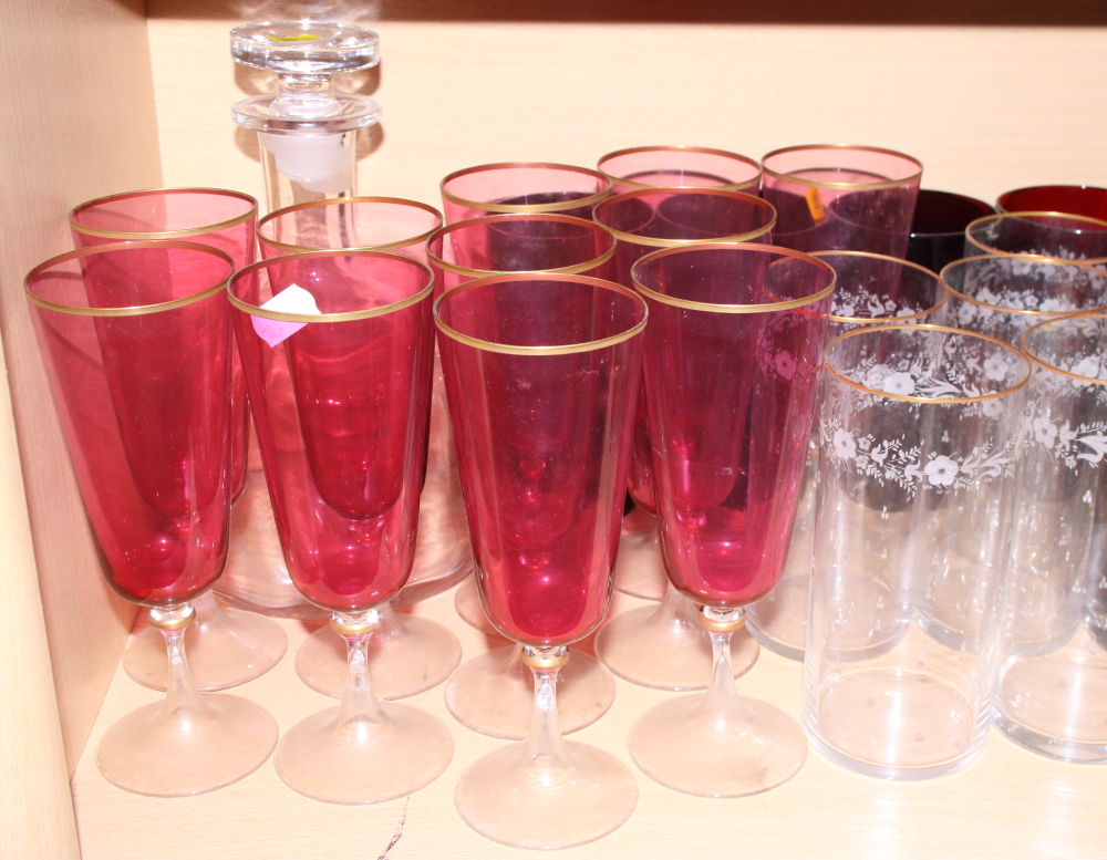 Eight cut glass sundae dishes, eleven cranberry glass champagne flutes and various other drinking - Image 2 of 6