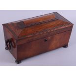 A 19th century rosewood sarcophagus-shaped two-division tea caddy with glass mixing bowl, 13" wide