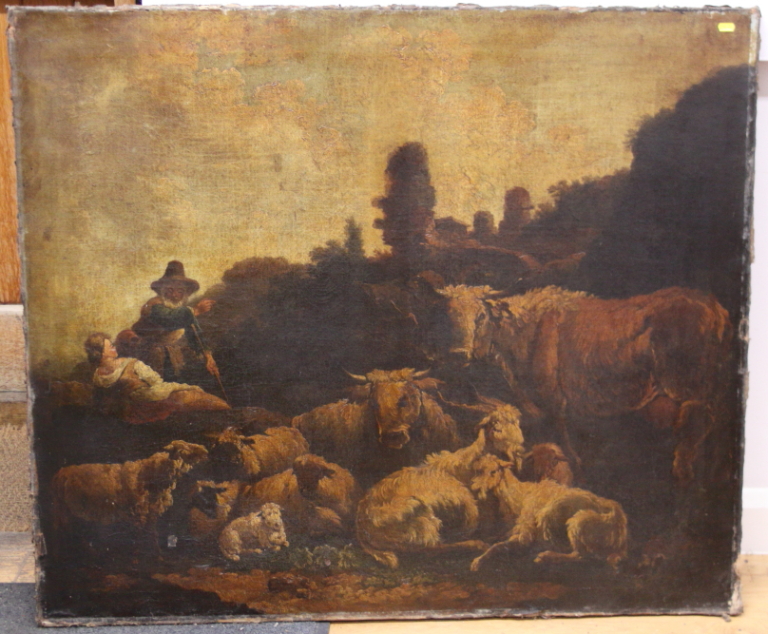 An Italian? late 17th century oil on canvas, shepherd with cattle and sheep, 40" x 47", unframed