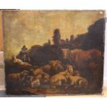 An Italian? late 17th century oil on canvas, shepherd with cattle and sheep, 40" x 47", unframed