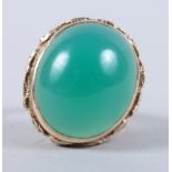 A 9ct gold ring set single cabochon chrysoprase, size P, 14.6g gross
