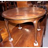 A French oak parquetry top circular low coffee table, on cabriole supports, 28" dia