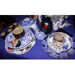 A Japanese porcelain charger, a similar bowl, a blue and white decorated part coffee set, a Poole