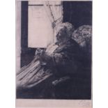 Paul Poseler: a signed etching of a woman knitting, in gilt decorated frame (said to have come