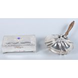 An 800 grade silver box with scrolled decoration and a similar Continental chafing dish with