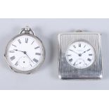 A silver cased travelling watch with engine turned decoration, white enamel dial, Roman numerals and