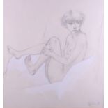 Ralph Brown: a pencil sketch, nude in an armchair, 14" x 13 1/2", in strip frame, a lithograph,