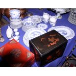 An "Old Chelsea" pattern blue and white part combination service and two chinoiserie lacquered boxes