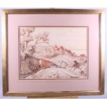 B Holinger: watercolours, French village, 16" x 12 1/2", in gilt frame, and other pictures including