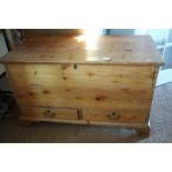 A 19th century waxed pine drop front mule chest, fitted two drawers, on bracket feet, 48" wide