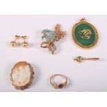 A yellow metal floral spray brooch set turquoise, a cameo brooch, a pair of gold ear studs, a