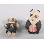 A miniature plush teddy bear in black dress and a miniature panda