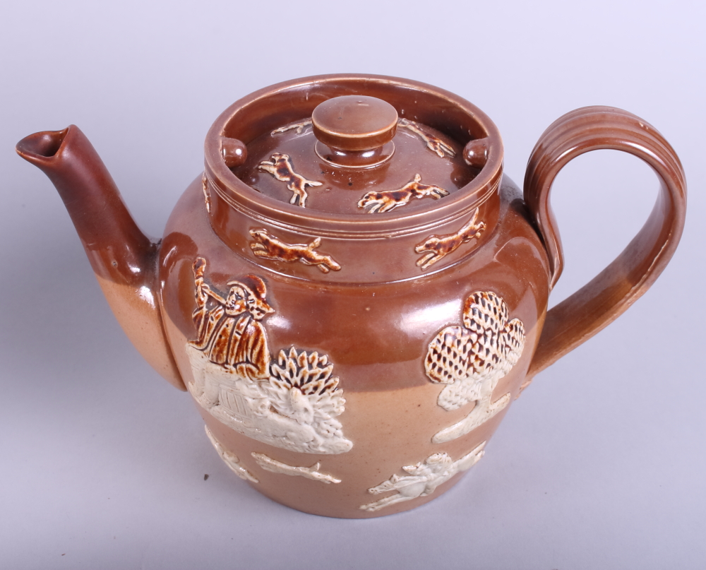 A Doulton Lambeth brown glazed pottery jug with silver rim, a similar tankard, two teapots and two - Image 2 of 5