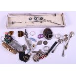 Six silver dress rings, a brass sewing etui, an agate and white metal mounted brooch, a white