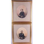 A pair of early 19th century watercolour oval portraits, a woman and a man in black attire, 8" x 6