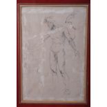 An antique pen and ink sketch, male nude, 12" x 8", in gilt lined mount and wooden frame
