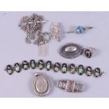 Two Victorian silver brooches, a silver bar brooch mounted blue stone, and a collection of other