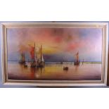 F E Bull, 1971: oil on canvas, harbour scene at dusk, 19 1/2" x 35", in strip frame, and Le Minh: