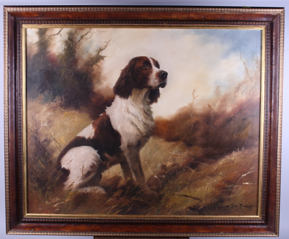 Joe Trickult: an oil on canvas, spaniel in landscape, 23 1/2" x 29", in polished as burr walnut