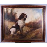 Joe Trickult: an oil on canvas, spaniel in landscape, 23 1/2" x 29", in polished as burr walnut