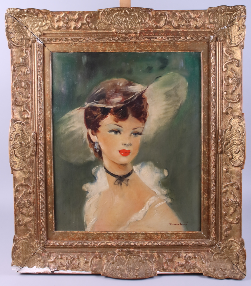 French School: oil on canvas, portrait of an elegant woman, circa 1940, 17 3/4" x 14 3/4", in gilt - Image 2 of 4