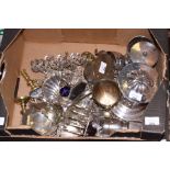 A selection of silver plated, copper and brass objects, one box