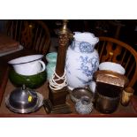 A Bretby green glazed pottery jardiniere, a blue and white jug, a brass Corinthian column table