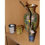 A cloisonne enamelled pipe, a cloisonne enamel vase, a similar beaker and a Canton enamelled box and