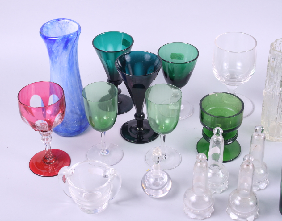 An assortment of glassware, including green tinted pedestal glasses, bark vases, a model of a - Image 2 of 4