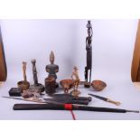 A Malaysian Nagamaki type sword, an assortment of carved treen, including a fish, figures and