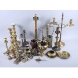 Three pairs of 19th century brass candlesticks, three other candlesticks/lights, metal wares, etc