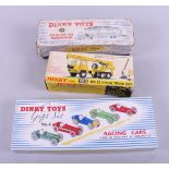 A Dinky Toys Gift Set No 4 Racing Cars, a Pullmore Car Transporter, No 582, and a Coles Hydra
