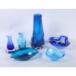 A 1950s blue glass free-form vase and five pieces of blue glass, 9 3/4" high