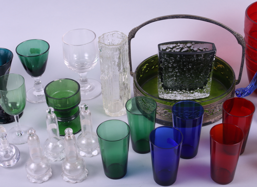 An assortment of glassware, including green tinted pedestal glasses, bark vases, a model of a - Image 3 of 4