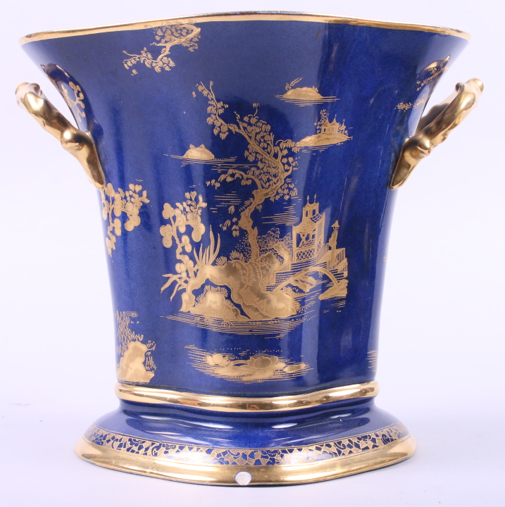 A Carlton ware Blue Royale two-handle planter with gilt Oriental landscape, 8" high (foot rim chip) - Image 2 of 3