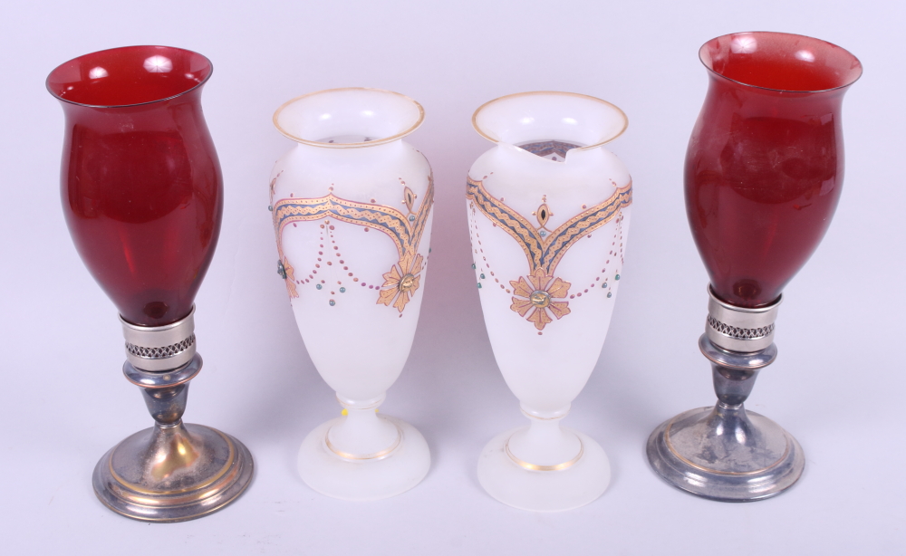 A pair of Victorian glass vases, 9 3/4" high, together with a pair of ruby glass storm lights with