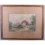 R Herbert: watercolours, rural scene with figure and houses, 8" x 11 1/2", in gilt frame, a